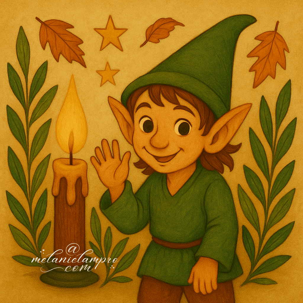 AI-generated. A Piskey in a green hat waves farewell next to a softly glowing candle, leaves and stars above.