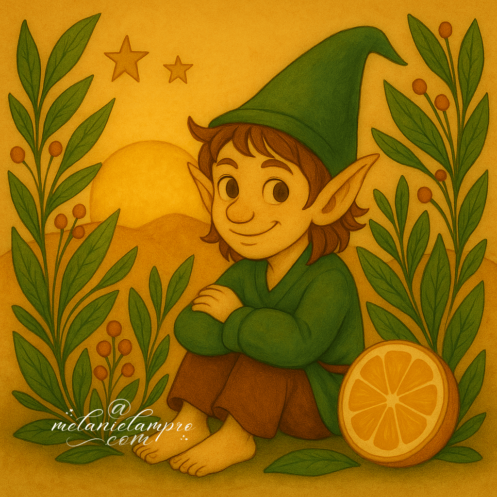 AI-generated. A Piskey sits with a golden sunrise behind, framed by foliage, citrus and stars.