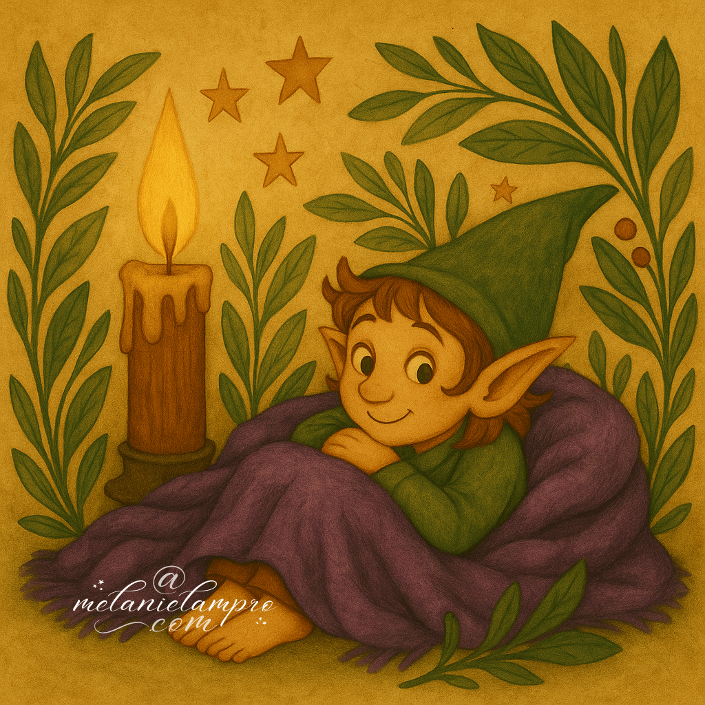 AI-generated. A Piskey curls on a soft blanket beside a candle, stars above and leaves around.