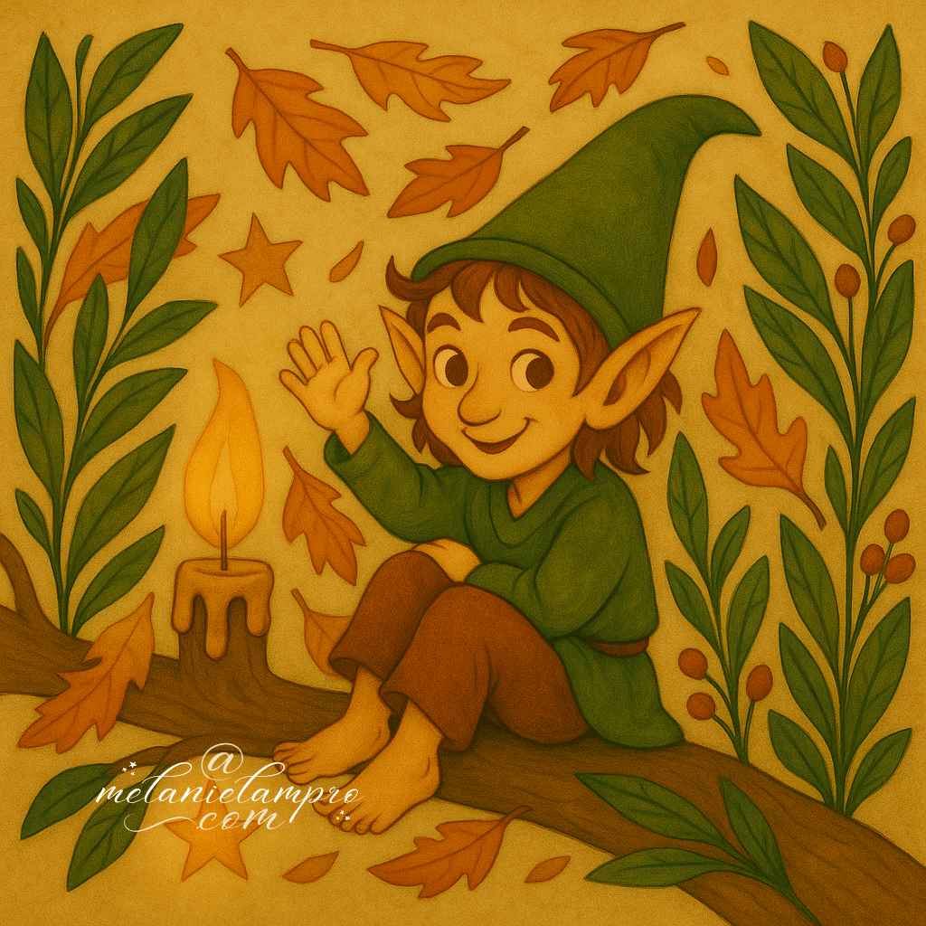 AI-generated. A Piskey waves with autumn leaves falling, a candle below and foliage around.