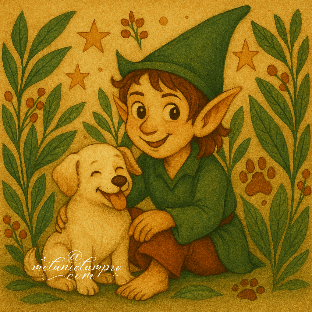 AI-generated. A smiling Piskey and a happy rescue dog sit together, with pawprints, foliage and stars.