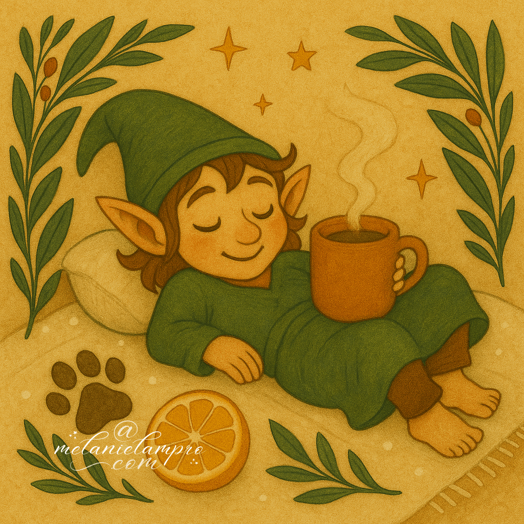 AI-generated. A Piskey reclines on a blanket with a steaming mug, citrus slice and pawprint motif nearby.