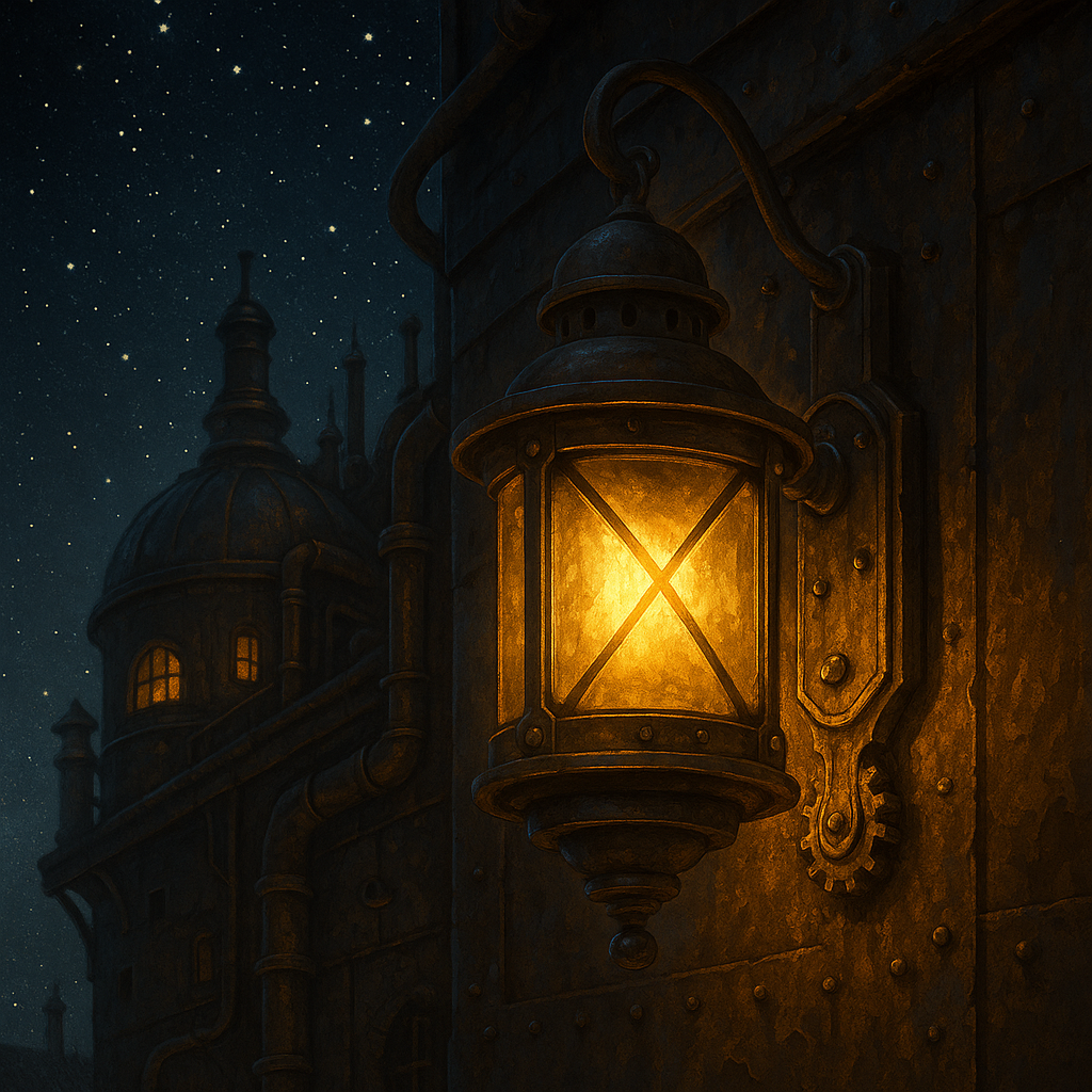 AI-generated. A glowing lantern beacon fixed to the wall of a steampunk space outpost. Brass pipes and fittings surround it, casting warm light into the dark void. Symbolises the dissident network keeping the lights burning.