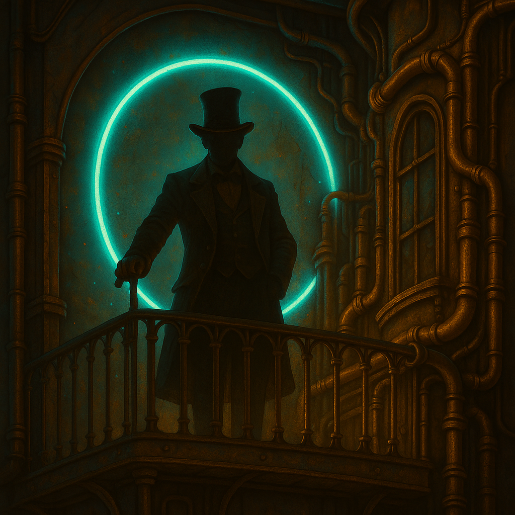 AI-generated. A shadowy ringmaster in a top hat stands on a steampunk balcony, neon halo glowing behind them. Suggests theatre and control.