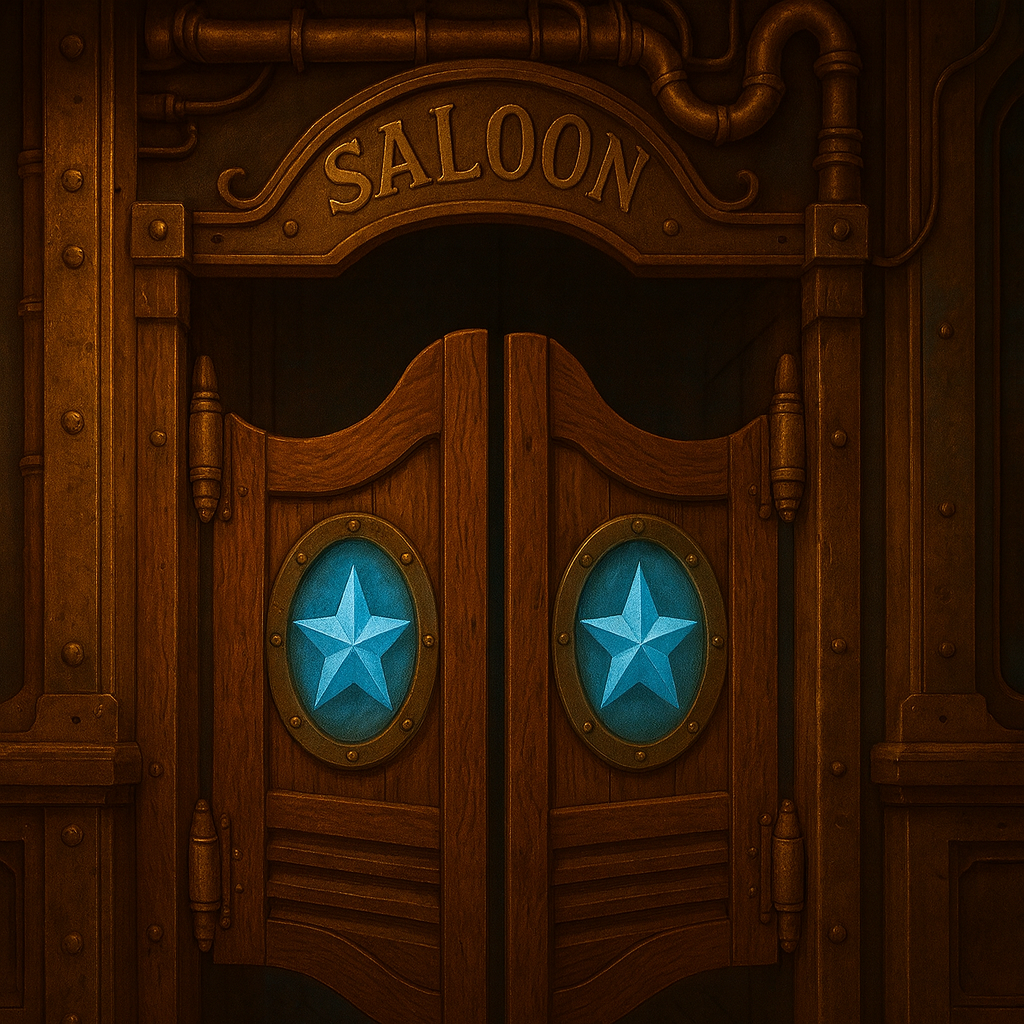 AI-generated. A pair of wooden saloon doors in a steampunk frame, each door inset with a glowing blue star emblem. Brass pipes and fittings surround the entrance, symbolising the swinging door nature of Twitter’s verification process.