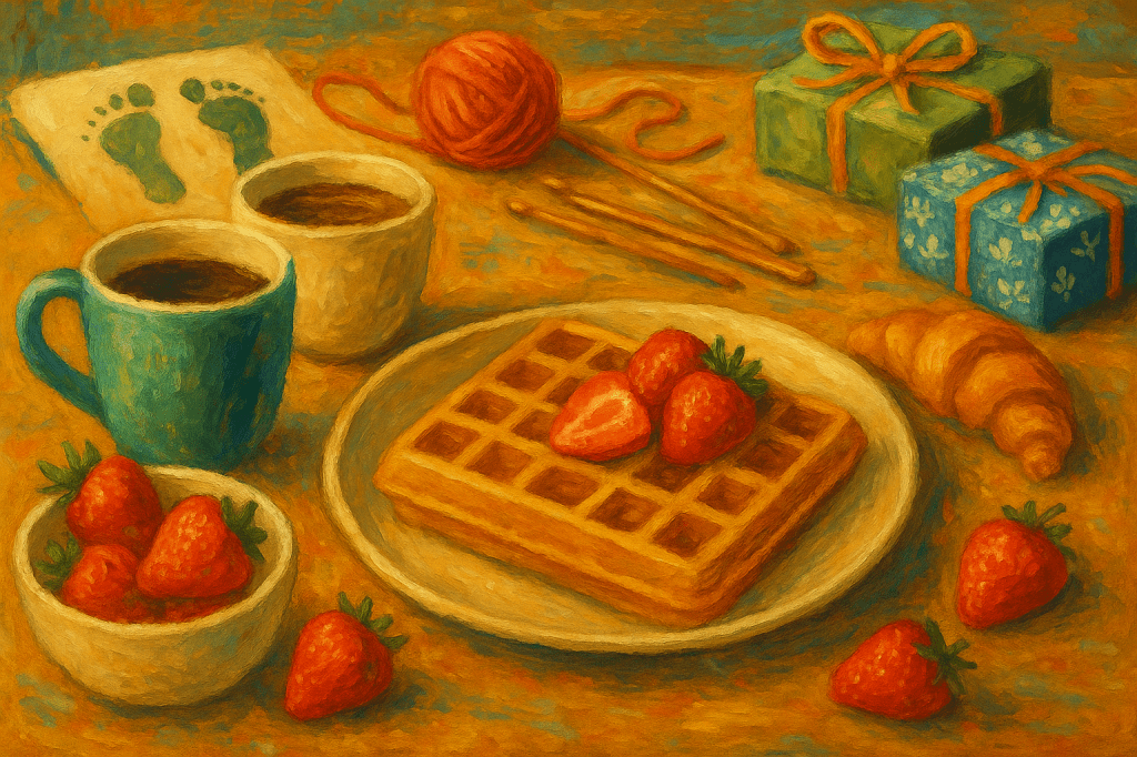 A cosy, painterly scene of a rustic breakfast table with vegan waffles topped with strawberries, mugs of oat milk coffee, fresh fruit, and handmade gifts, styled in a warm folk-art texture. AI-generated.