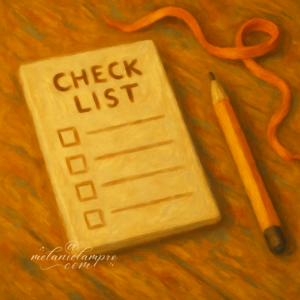 Painterly square still life of a small checklist card, pencil, and ribbon on a wooden table. AI-generated.