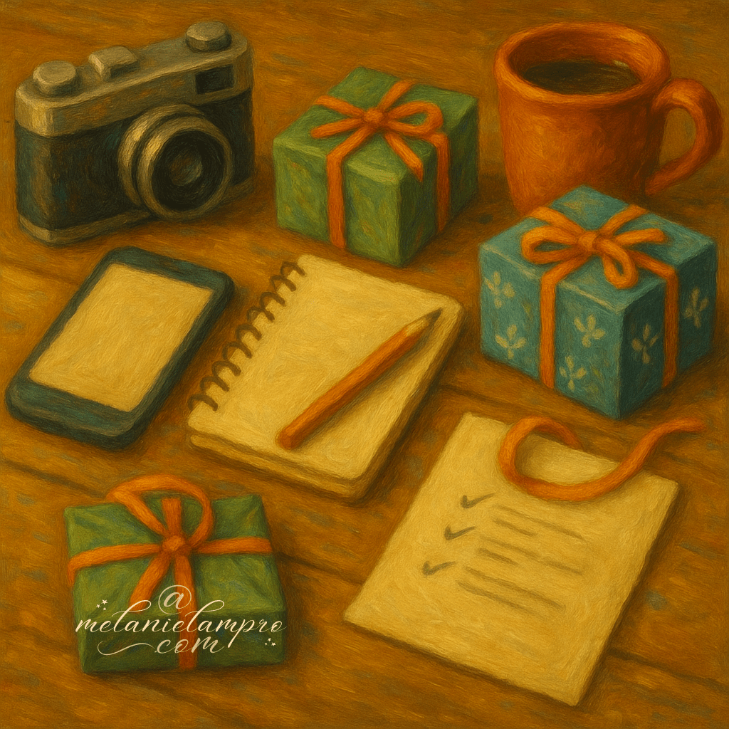 Painterly landscape header showing a warm desk scene with camera, phone, and handmade items ready to post. AI-generated.