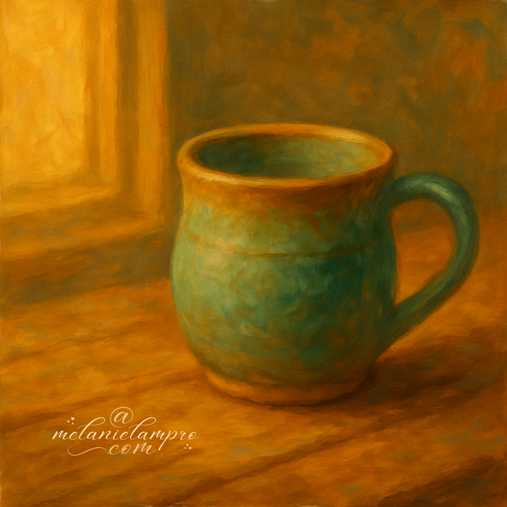 Painterly square illustration of a teal ceramic mug on a wooden surface with soft golden window light, symbolising a handmade item in natural light. AI-generated.