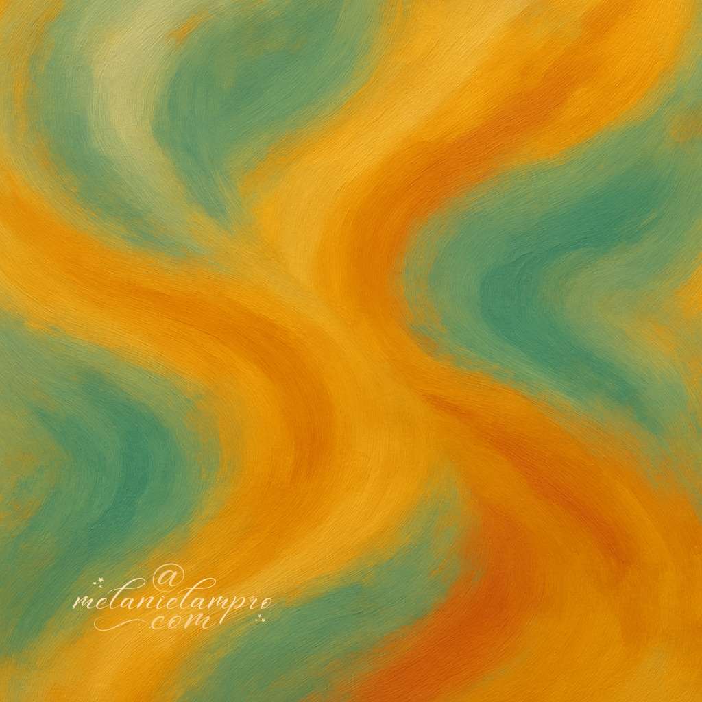 Abstract painterly composition with warm gold, teal, and terracotta brushstrokes flowing in gentle motion to suggest weekend hashtag energy. AI-generated.