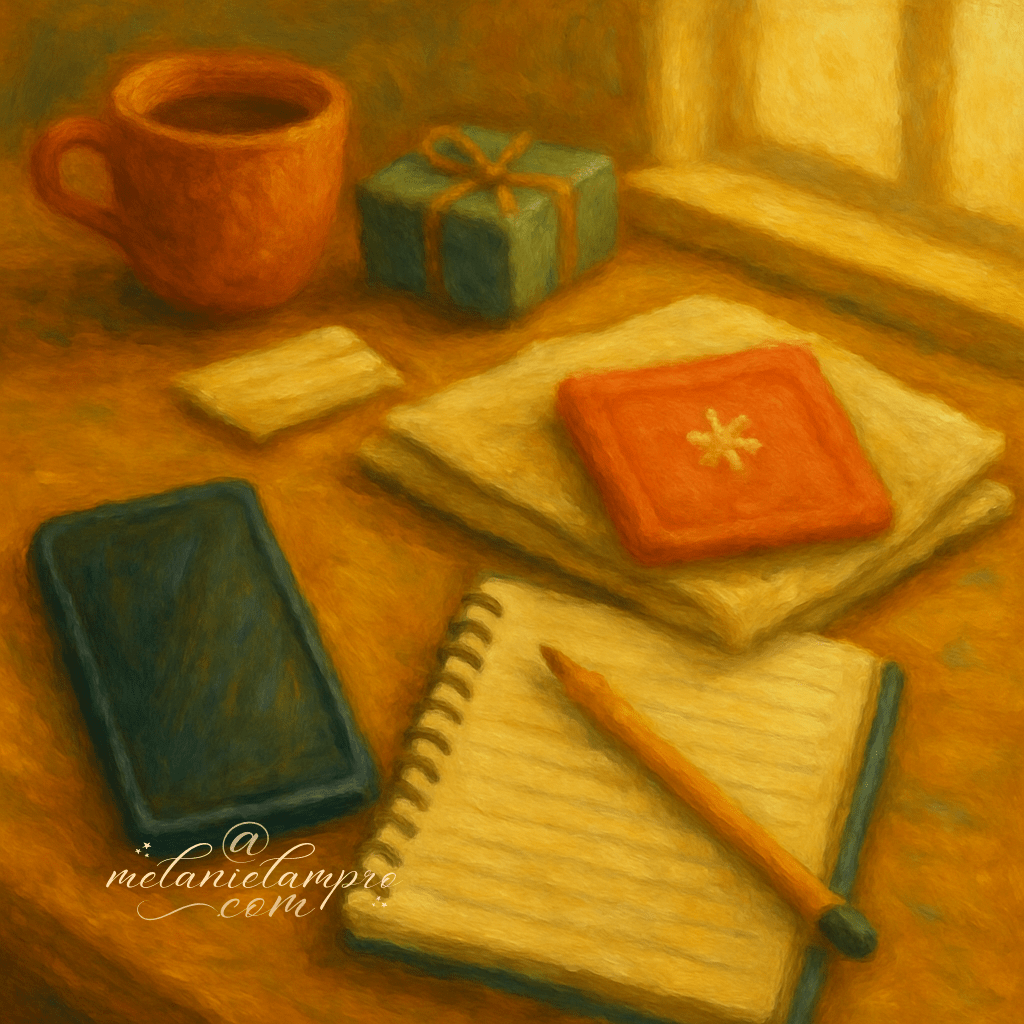 Painterly square still life of a tidy maker’s desk with notebook, phone, and a handmade piece ready to photograph. AI-generated.