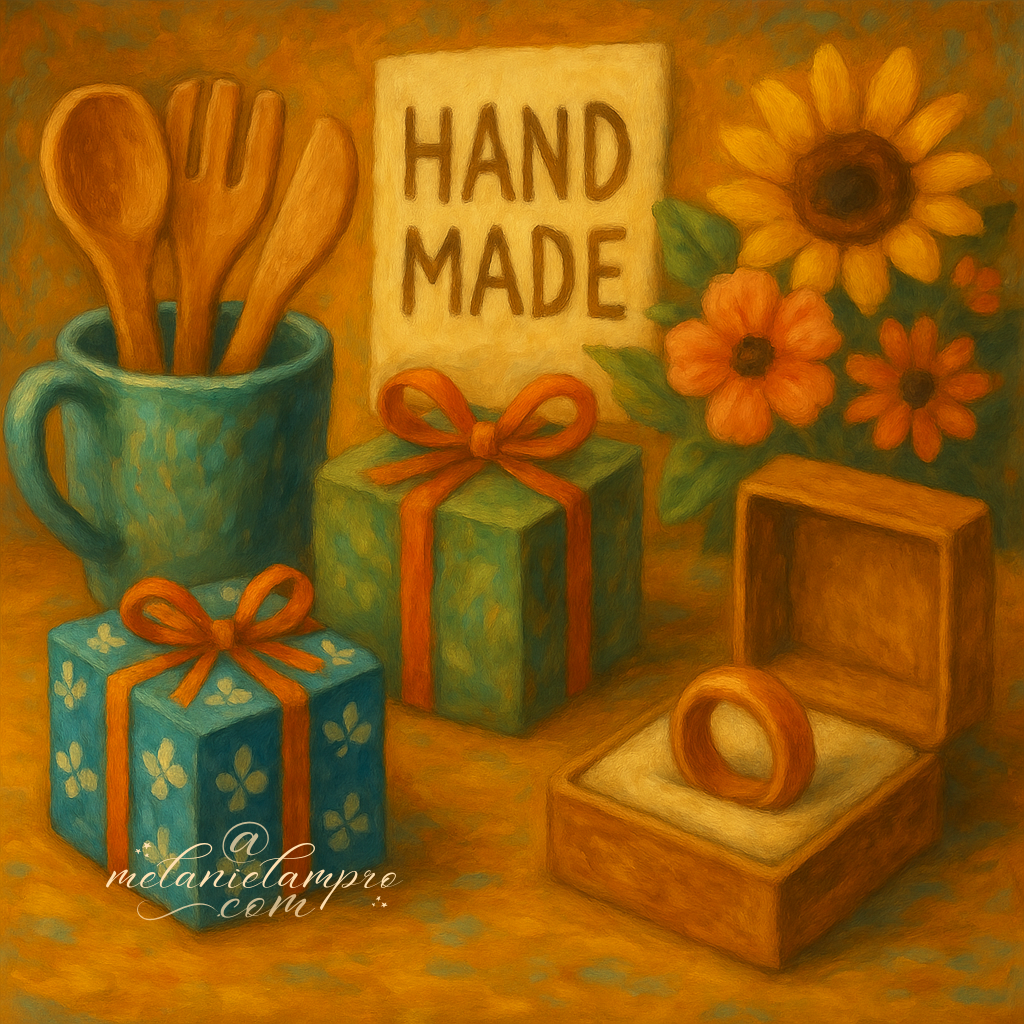 Painterly still life of handmade gifts, wrapped boxes with ribbons, ceramic mug with wooden spoons, flowers and a ring in a box. AI-generated.
