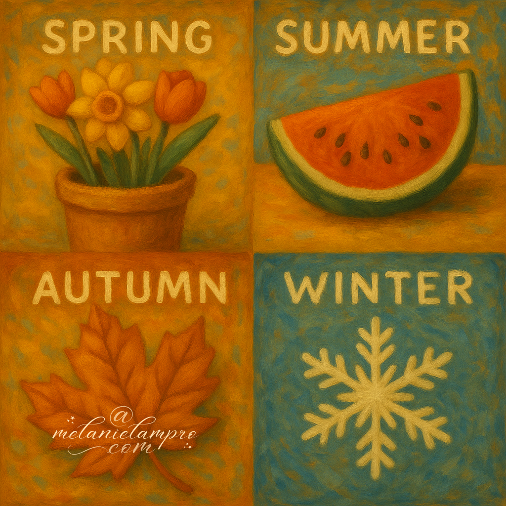 Painterly collage showing the four UK seasons, spring flowers, summer fruit, autumn leaf, winter snowflake in warm textured style. AI-generated.