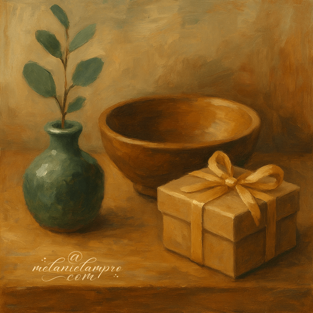 Painterly still life with three objects placed together on a wooden surface, symbolising the rule of three hashtags. AI-generated.