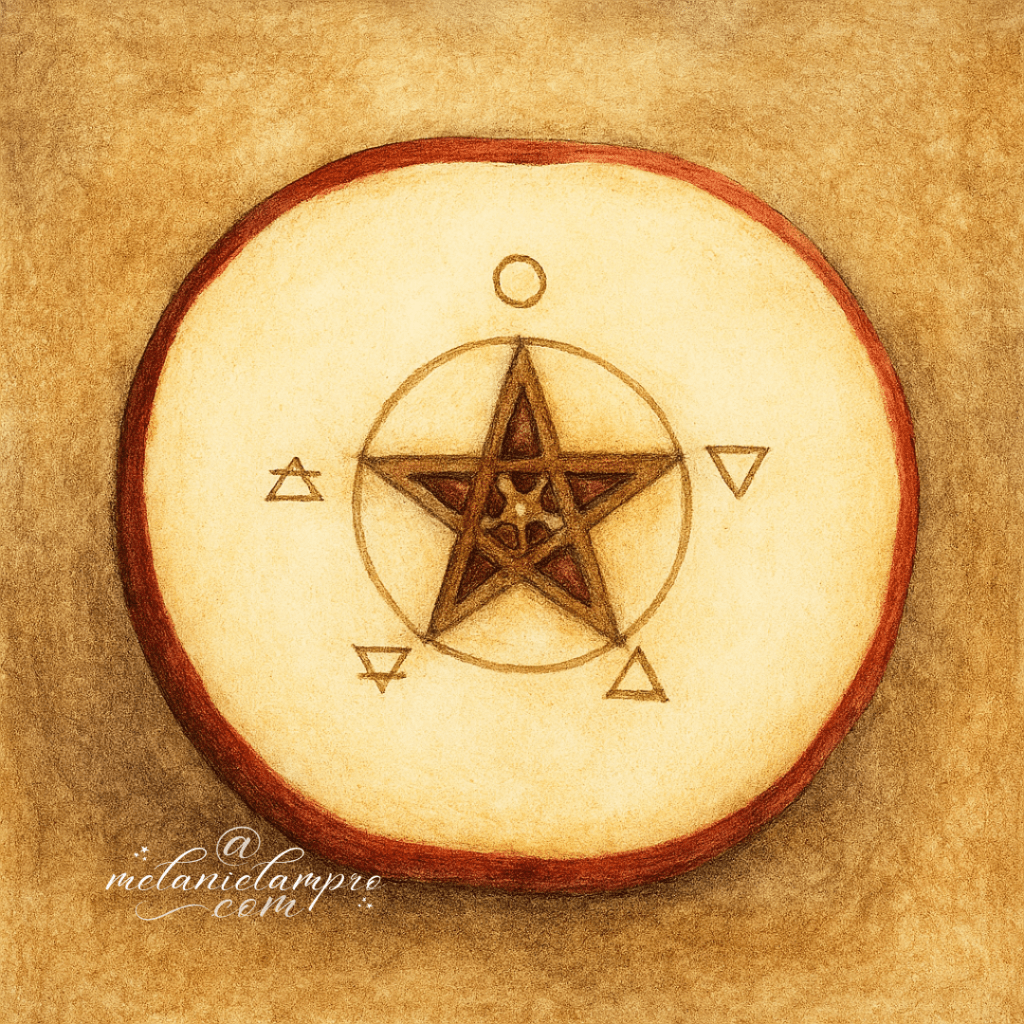 A painterly image of half an apple cut horizontally to reveal the natural star shape at its core, with faint elemental symbols for earth, air, fire, water and spirit subtly arranged around the star. Warm neutral lighting on a pale background. AI-generated.