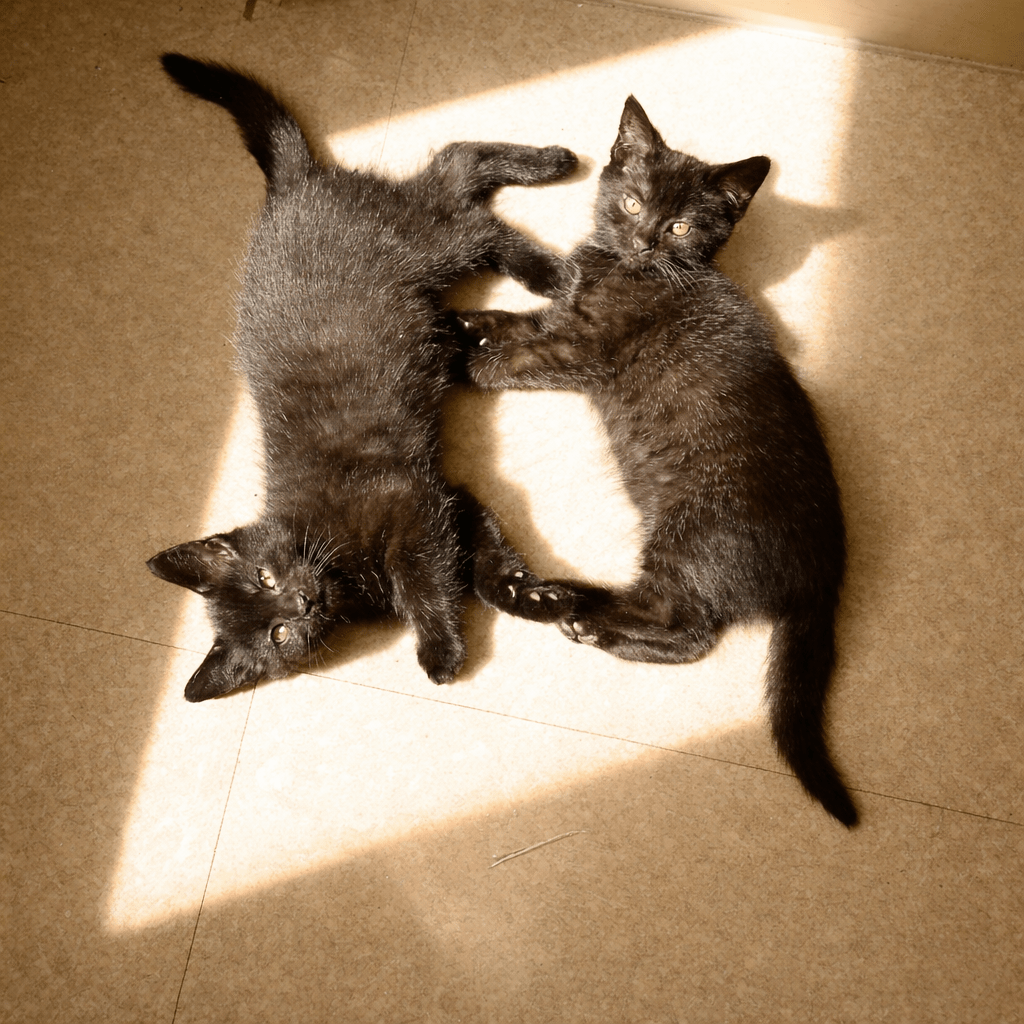 Goblin Frankenkitty and Bitey Trip Hazard as black kitten siblings, lying together in a patch of sunlight on a tiled floor, photographed from above. π· Melanie Lampro
